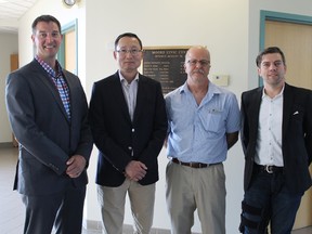 Representatives of BIOX talked to St. Clair Township Council on July 18 about future plans for its recently purchased Sombra facility. From left to right: Alan Rickard, CEO, Vice President of Operations Nakyun Paik, Sombra plant employee Doug Taylor and Methes Energies' John Loewen.
CARL HNATYSHYN/SARNIA THIS WEEK