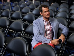 Former New York congressman Anthony Weiner attends the start of the second day of the Democratic National Convention at the Wells Fargo Center, July 26, 2016 in Philadelphia, Pennsylvania. An estimated 50,000 people are expected in Philadelphia, including hundreds of protesters and members of the media. The four-day Democratic National Convention kicked off July 25.  (Photo by Chip Somodevilla/Getty Images)