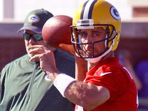 Green Bay Packers quarterback Aaron Rodgers prepares to throw a pass during the team's training camp workout Tuesday, July 26, 2016 in Green Bay. (JOHN KRYK/Postmedia Network)