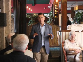 Ontario PC leader Patrick Brown meets with members of the Kingston and the Islands Progressive Conservative Riding Association at Ramekins Restaurant on Tuesday to discuss his policy consultation process. (Victoria Gibson/For The Whig-Standard)