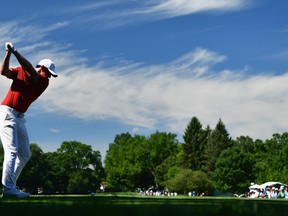 Rory McIlroy of Northern Ireland hits a tee shot during a practice round prior to the 2016 PGA Championship at Baltusrol Golf Club on July 26, 2016 in Springfield, N.J. (Photo by Stuart Franklin/Getty Images)