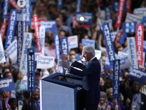 Former US President Bill Clinton delivers remarks on the second day of the Democratic National Convention at the Wells Fargo Center, July 26, 2016 in Philadelphia, Pennsylvania. Democratic presidential candidate Hillary Clinton received the number of votes needed to secure the party's nomination. An estimated 50,000 people are expected in Philadelphia, including hundreds of protesters and members of the media. The four-day Democratic National Convention kicked off July 25.  (Photo by Chip Somodevilla/Getty Images)