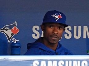 Toronto Blue Jays’ new acquisition, Melvin Upton Jr. sits on the bench as his new team plays against the San Diego Padres during MLB interleague baseball action, in Toronto on Tuesday, July 26, 2016. (FRANK GUNN/The Canadian Press)