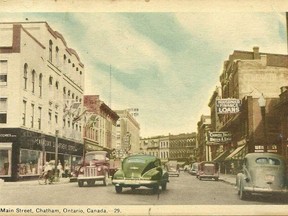 King Street looking west from the Market Square, late 1940s. Eaton's is at the far left.