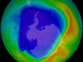 In this false-colour image, the ozone hole of 2013 is shown in blue. (NASA)