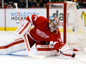 Detroit Red Wings goalie Petr Mrazek makes the save during the third period against the Tampa Bay Lightning in game three of the first round of the 2016 Stanley Cup Playoffs at Joe Louis Arena. (Rick Osentoski/USA TODAY Sports)