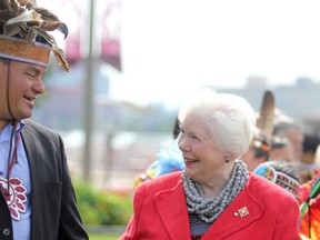 Ontario Regional Chief Isadore Day speaks with Lt.-Gov. Elizabeth Dowdeswell at Parks Canada National Historic Canal on Wednesday.