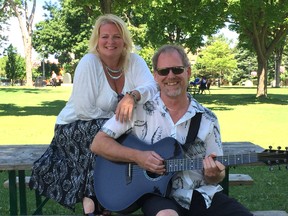 Shelly Rastin, seen here with guitarist Darcy Corbett, will sing the national anthem each day to open the Stihl Timbersports Canadian Championship during Ribfest and joins her band for a 6 p.m. gig Sunday on the Victoria Park bandshell. (DEREK RUTTAN, The London Free Press)