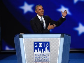 U.S. President Barack Obama addresses Day 3 of the Democratic National Convention at the Wells Fargo Center, July 27, 2016 in Philadelphia, Pennsylvania.      / AFP PHOTO / SAUL LOEBSAUL LOEB/AFP/Getty Images