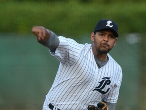 London Majors pitcher Oscar Perez pitches during the first inning of a game against the Burlington Bandits at Labatt Park recently. (MORRIS LAMONT, The London Free Press file photo)
