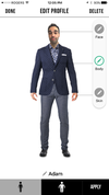 Klothed is a menswear app that allows you to create a virtual model of yourself to help you shop for clothes online. Once a user has uploaded a head shot photo, he can choose between two body types to try on clothes. Here you can see Adam Swimmer's profile featuring the fashion model body type trying on a suit. (Supplied)