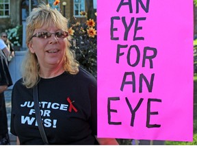 (Charlie Pinkerton/Special to The Sault Star)
Leeanne Polvi outside of the protest at the courthouse on Thursday. Polvi wore a Justice for Wes shirt to show her solidarity with Wesley Hallam's family.