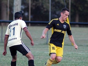 Wallaceburg Sting player Mark Foster controls the ball during a Western Ontario Soccer League First Division regular season game against Americas on July 27 at Kinsmen Park. The Sting won the game 6-0.