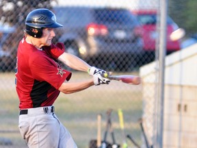 Chris Wise of the Mitchell Astros connects on this hit, a three-run bases-loaded double which broke open their game with London Forest City Storm in Thames Valley Senior baseball action in Mitchell July 24, a 17-6 win. ANDY BADER/MITCHELL ADVOCATE