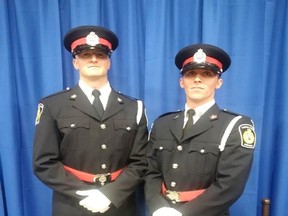 Sarnia police Const. Connor Green and Const. Blair Nield are the newest recruits to the city's police force. They will continue their training at the police force before being assigned to its community response division. Handout/Sarnia Observer/Postmedia Network