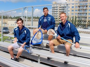 From left, Callin Harris of the Parkland Posse bantam A lacrosse team, along with Seth Bellerose and Zach Wildeboer from the midget A team, were selected to play on Team Alberta for their respective age groups at the Lacrosse National Championships in Whitby, Ont. next week. - Photo by Mitch Goldenberg