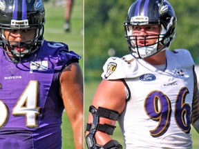 Ravens offensive guard John Urschel (64) and defensive end Brent Urban (96) attend training camp at Baltimore's team headquarters in Owings Mills, Md., on Friday, July 28, 2016. (John Kryk/Postmedia Network)