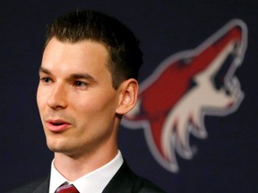 Arizona Coyotes general manager John Chayka speaks at a news conference announcing his promotion Thursday, May 5, 2016, in Glendale, Ariz. (THE CANADIAN PRESS/AP/Matt York)