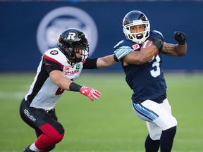 Argos running back Brandon Whitaker has been very effective with the ball over the past few games. (ERNEST DOROSZUK/Toronto Sun)