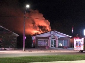 A fire tore through Club Jovial, a social hub in the town of Ste. Anne, Man., late Friday night. (Patricia McPherson/Handout)