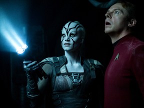 In this image provided by Paramount Pictures, Sofia Boutella, left, plays Jaylah and Simon Pegg plays Scotty in "Star Trek Beyond." (Kimberley French/Paramount Pictures via AP)
