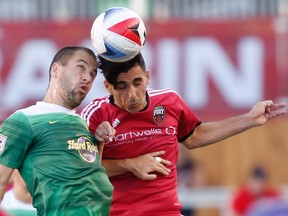 Fury FC’s Mauro Eustaquio (right) battles Joe Cole of the Tampa Bay Rowdies for the ball at TD Place. (Patrick Doyle, TD Place)