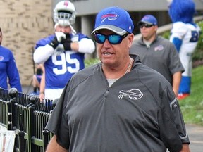Bills head coach Rex Ryan attends the team's first practice at training camp at St. John Fisher College in Pittsford, N.Y., on Saturday, July 30, 2016. (John Kryk/Postmedia Network)