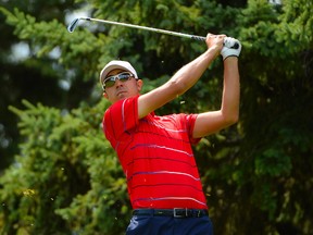 EDMONTON, CAN - JULY 30: Brock Mackenzie makes a tee shot on the seventh hole during round three of the Syncrude Oil Country Championship presented by AECON at the Glendale Golf and Country Club on July 30, 2016 in Edmonton, Alberta, Canada.