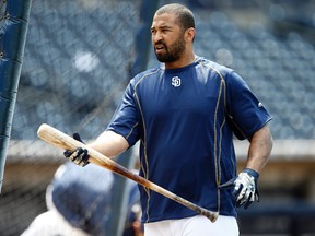 Matt Kemp walks out of the batting cage during warmups before a game against the Reds in San Diego on Saturday, July 30, 2016. (Alex Gallardo/AP Photo)