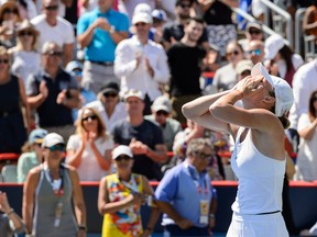 Simona Halep of Romania reacts after defeating Madison Keys of the United States in final round action of the Rogers Cup at Uniprix Stadium in Montreal on July 31, 2016. (Minas Panagiotakis/Getty Images)