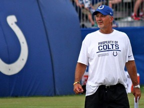 Indianapolis Colts coach Chuck Pagano watches his team work out Monday, August 1, 2016, at Anderson University in Anderson, Ind. (John Kryk/Postmedia Network)