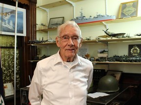 Navy veteran Edgar Hughes, 91, pictured at the Cornwall Legion on Thursday July 28, 2016. Two of Hughes' was medallions were stolen Monday night. (Kirsten Fenn, Postmedia News)