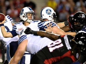 Toronto Argonauts quarterback Logan Kilgore (10) makes a pass against the Ottawa Redblacks in Ottawa on Sunday, July 31, 2016. (THE CANADIAN PRESS/Justin Tang)