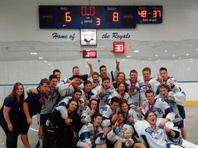 Members of the Manitoba Blizzard celebrate after beating the Calgary Chill 8-6 in the Rocky Mountain Lacrosse League final, Monday in Calgary.
LAURIE FROM/Submitted Photo