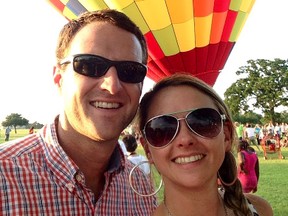 This undated photo provided by Josh Rowan shows Matt Rowan and his wife Sunday Rowan. A hot air balloon hit high-tension power lines on Saturday, July 30, 2016, before crashing into a pasture in Central Texas, killing all 16 on board, including Matt and Sunday Rowan. The photo was not taken the day of the crash. (Josh Rowan via AP)