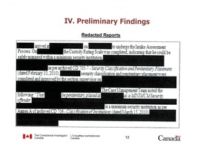 A slide from preliminary findings from a study by Correctional Investigator Howard Sapers on the information that Correctional Services Canada provides to families with relatives who die in federal prisons is shown in this undated photo. Sapers said in his preliminary findings that in many cases families are receiving heavily censored reports that don't give them enough information and leaves them "frustrated and discouraged." (THE CANADIAN PRESS/HO)