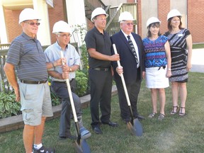 Ernst Kuglin/The Intelligencer
Fred Freeman, Northumberland-Quinte West MPP Lou Rinaldi, Crown Ridge Place CEO Greg Freeman, Quinte West Mayor Jim Harrison, city Coun. Sally Freeman and Crown Ridge administrator Sandra Honey turn the sod on a $3 million redevelopment project for 59 Class B beds at the Trenton long term care facility Monday.