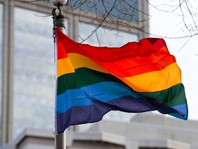 The Pride flag is seen flying on the community flag pole in Edmonton, Alta., on Friday, Feb. 7, 2014. FILE PHOTO