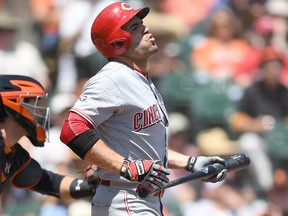 Joey Votto of the Cincinnati Reds reacts after striking out against the San Francisco Giants in the top of the first inning at AT&T Park in San Francisco on July 27, 2016. (Thearon W. Henderson/Getty Images)