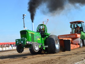 Steve Adams pulling in the 9,300lbs super farm class in the Juny 2016 Dungannon Super Pull. (Submitted)