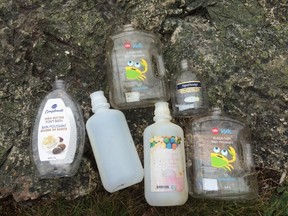 Empty soap bottles are shown near Manuels River, Newfoundland in this undated handout image. Environment officials in Newfoundland and Labrador say they are investigating recent incidents where soap has been added to a natural waterway to form suds. (THE CANADIAN PRESS/HO-Manuels River Hibernia Interpretation Centre-Stu Crosbie)