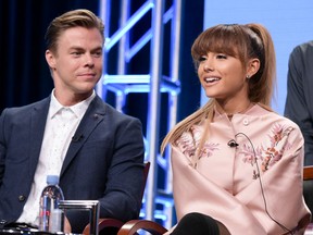 Derek Hough, left, and Ariana Grande participate in the "Hairspray Live!" panel during the NBC Television Critics Association summer press tour on Tuesday, Aug. 2, 2016, in Beverly Hills, Calif. (Photo by Richard Shotwell/Invision/AP)