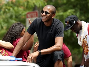 James Jones of the Cleveland Cavaliers looks on during the Cleveland Cavaliers 2016 NBA Championship victory parade and rally on June 22, 2016 in Cleveland, Ohio. (Mike Lawrie/Getty Images/AFP)