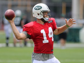 Jets quarterback Ryan Fitzpatrick throws during practice at the team's training camp in Florham Park, N.J., on Wednesday, Aug. 3, 2016. (Seth Wenig/AP Photo)