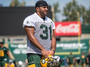 Edmonton Eskimos fullback Caliv McCarty at team walkthrough practice on Aug. 2, 2016.