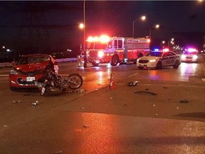 A motorcyclist was seriously injured in this crash at Blair Road and Highway 174 Wednesday evening. Ottawa Fire Services, via Twitter