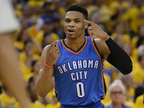 Oklahoma City Thunder guard Russell Westbrook gestures toward an official during an NBA playoff game in Oakland, Calif., on May 30, 2016. (AP Photo/Marcio Jose Sanchez)