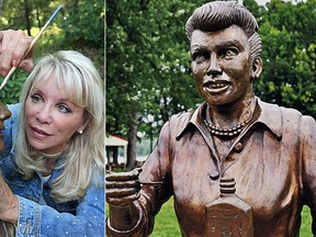 In this Aug. 2012 photo, a bronze sculpture of Lucille Ball is displayed in Lucille Ball Memorial Park in the village of Celoron, N.Y. A new statue of Ball is being unveiled Saturday, Aug. 6, 2016, in the late actress' hometown to replace this one that was so hated it was dubbed "Scary Lucy." Sculptor Carolyn Palmer hopes her tribute will please fans who demanded that another artist's unflattering version be banished. (The Post-Journal via AP, File/AP Photo/Mel Evans)