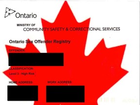 An illustration of the hoax sex offender card being circulated in the mail in Smiths Falls. (SUBMITTED IMAGE)