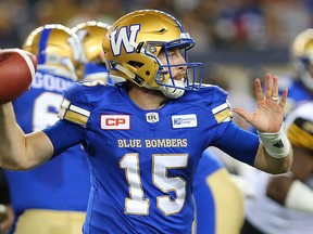Winnipeg Blue Bombers quarterback Matt Nichols tosses the ball against the Hamilton Tiger-Cats on Wednesday night. (Brian Donogh/Winnipeg Sun)